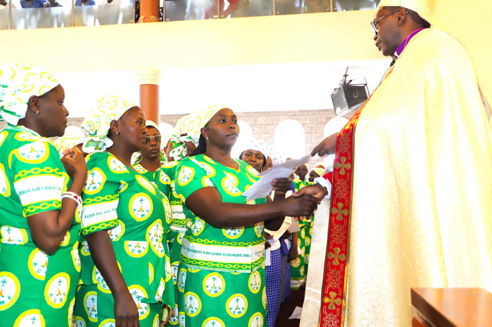 Mothers’ Union members presenting a gift during worship